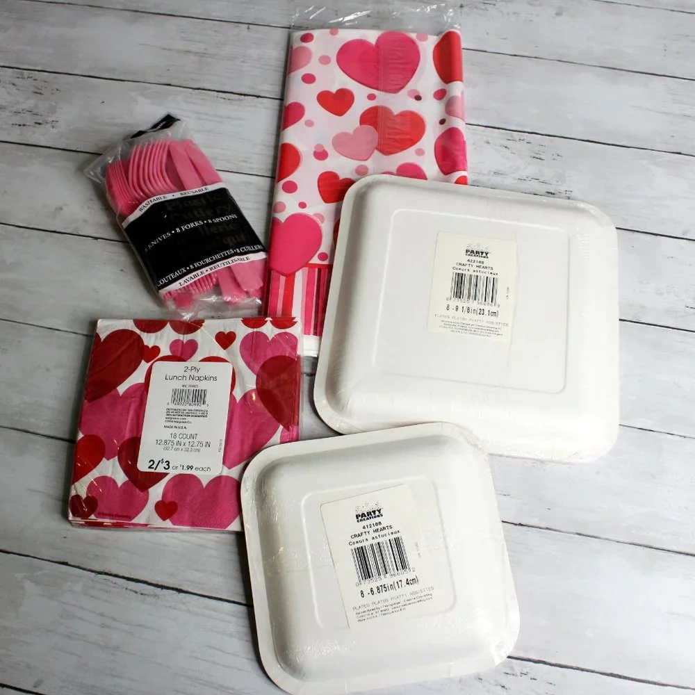 Party Valentine's Day Paper Plates Napkins Cutlery Dinnerware Lot Pink